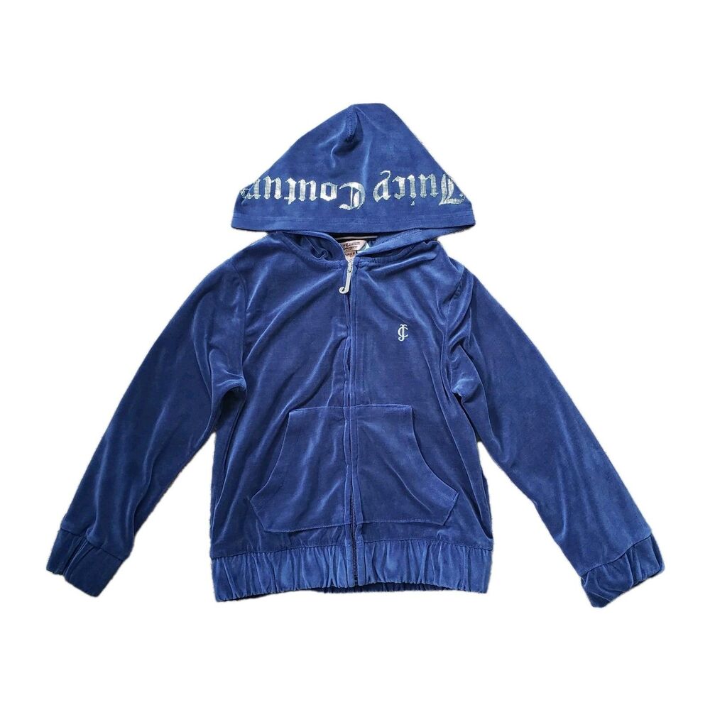 Juicy Couture Vtg Y2k Velvet Hoodie Jacket Full Zip Atlantis Blue Youth Size S/7